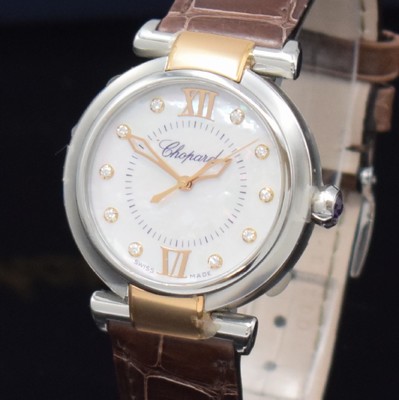26731158a - CHOPARD nearly mint ladies wristwatch Imperiale reference 388563-6013, self winding, stainless steel/pink gold combined including original leather strap with original buckle, on both sides glazed, back with 8 screws, mother of pearl dial with 10 diamond indices, display of hours, minutes & sweep seconds, diameter approx. 29 mm, original box & papers, condition 1-2