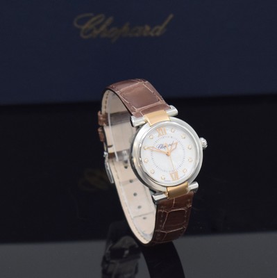 26731158b - CHOPARD nearly mint ladies wristwatch Imperiale reference 388563-6013, self winding, stainless steel/pink gold combined including original leather strap with original buckle, on both sides glazed, back with 8 screws, mother of pearl dial with 10 diamond indices, display of hours, minutes & sweep seconds, diameter approx. 29 mm, original box & papers, condition 1-2