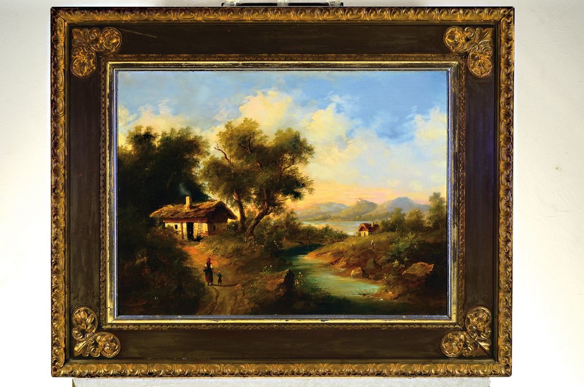 Detail k: J.T. König, Künstler des 19.Jh., datiert (18)67, Öl/Kupferplatte, Bäuerliche Landschaft mit Figurenstaffage, links unten signiert und datiert, ...