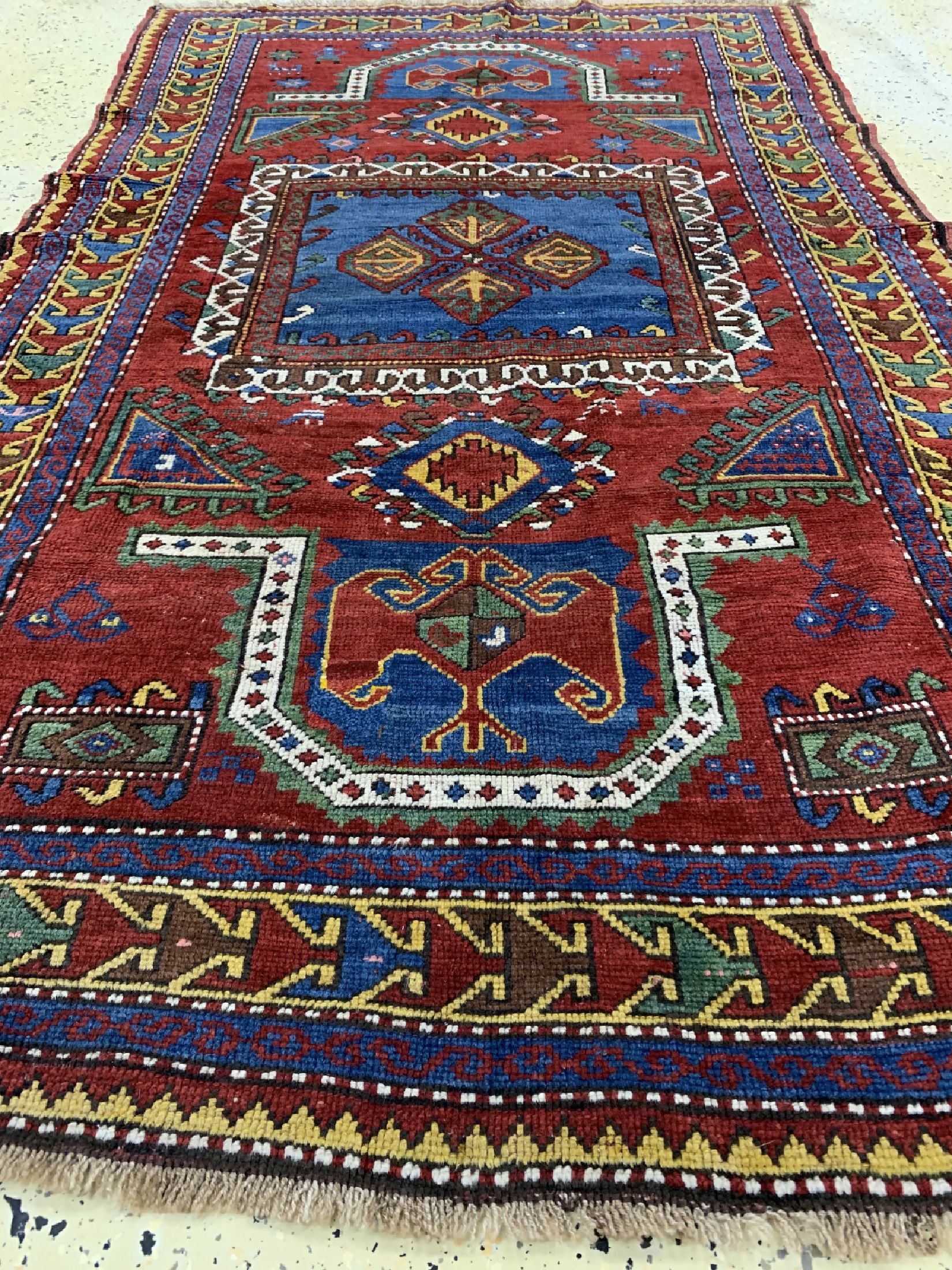 Detail d: Antiker Fachalo, Kaukasus, um 1900, Wolle auf Wolle, ca. 202 x 123 cm, EHZ: 2, restauriert