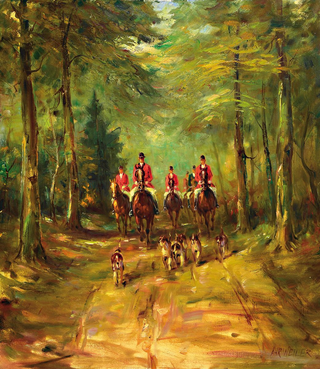 Willy Peter Ahrweiler, 1905 Düsseldorf- ca. 1987, Studium an den Akademien Düsseldorf und München, hier: Parforcejagd, Öl/Lwd, rest., re. u. ...