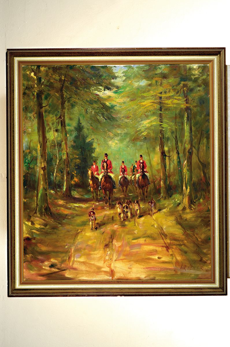 Detail k: Willy Peter Ahrweiler, 1905 Düsseldorf- ca. 1987, Studium an den Akademien Düsseldorf und München, hier: Parforcejagd, Öl/Lwd, rest., re. u. ...