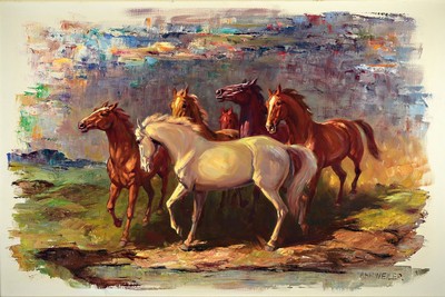 Image 26731808 - Willy Peter Ahrweiler, 1905 Düsseldorf - approx. 1987, Studies at the Academies Düsseldorf and Munich, here: 6 wild horses, oil/canvas, signed lower right, approx. 80x120cm, frame approx. 102x142cm
