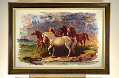 26731808k - Willy Peter Ahrweiler, 1905 Düsseldorf - approx. 1987, Studies at the Academies Düsseldorf and Munich, here: 6 wild horses, oil/canvas, signed lower right, approx. 80x120cm, frame approx. 102x142cm