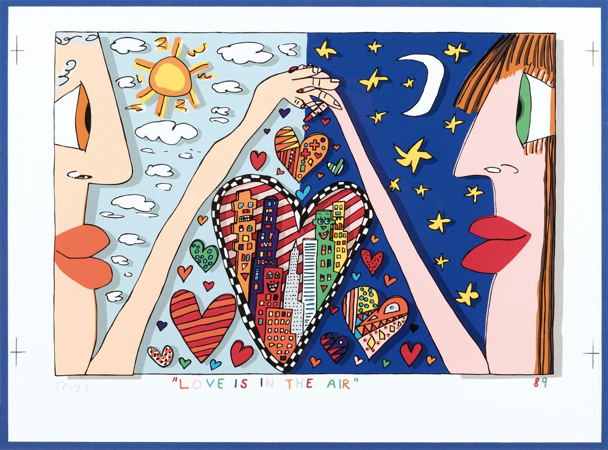 James Rizzi, 1950-2011, "Love is in the Air", Farblithografie von 1989, handsign., unter Plexiglas gerahmt, gesamt ca. 60x51 cm