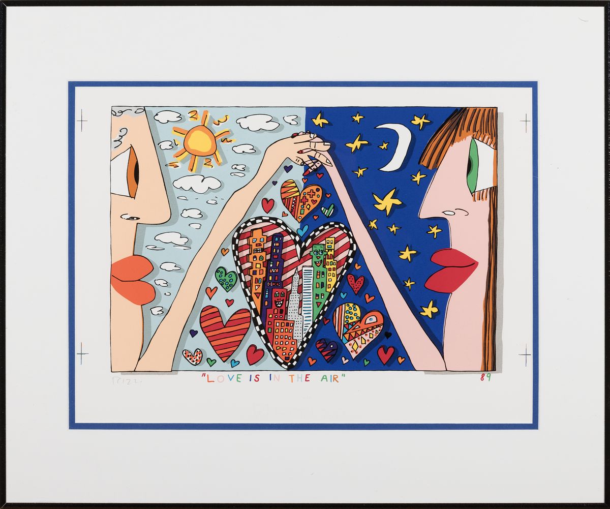Detail k: James Rizzi, 1950-2011, "Love is in the Air", Farblithografie von 1989, handsign., unter Plexiglas gerahmt, gesamt ca. 60x51 cm