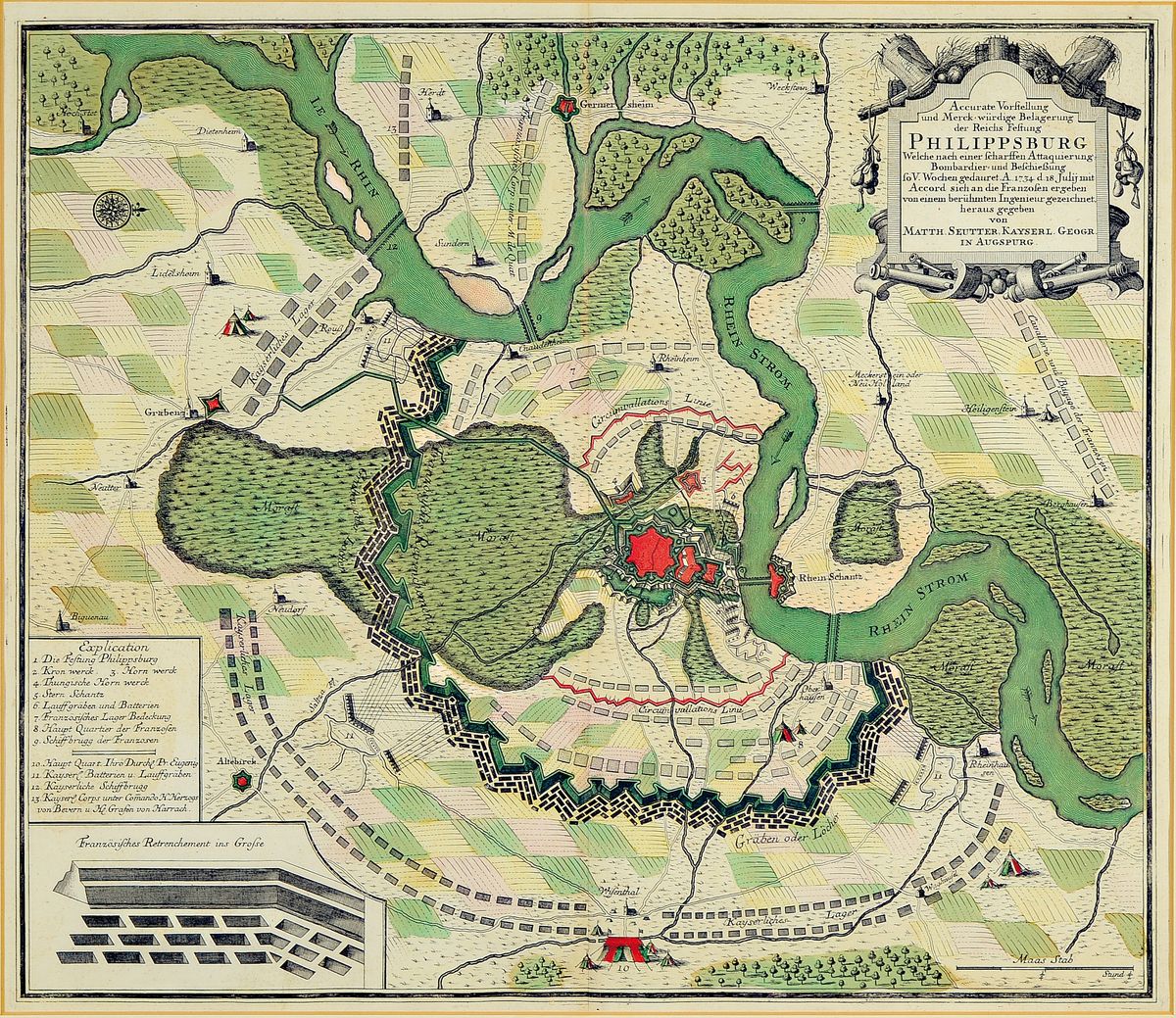 Matthäus Seutter (1678-1757): Belagerung der Reichsfestung Philippsburg, Kupferstich, koloriert, späterer Nachdruck, unter Glas gerahmt 68x75 cm