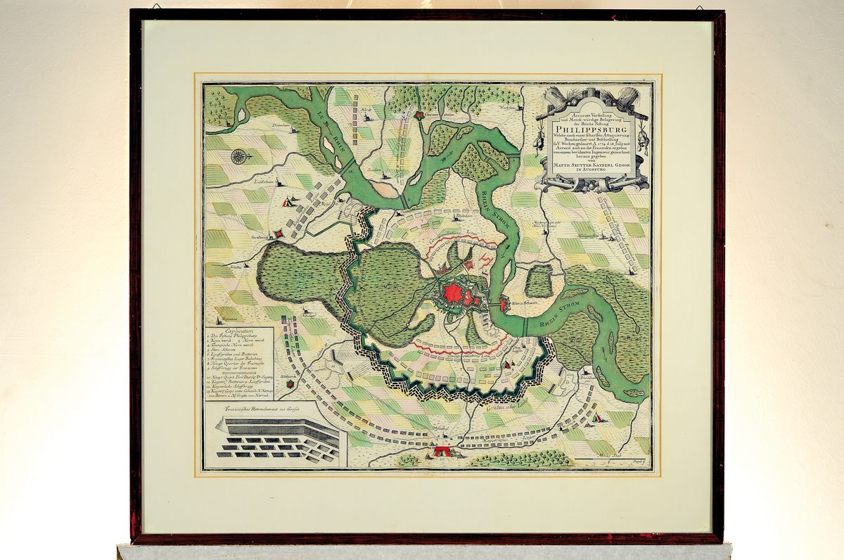 Detail k: Matthäus Seutter (1678-1757): Belagerung der Reichsfestung Philippsburg, Kupferstich, koloriert, späterer Nachdruck, unter Glas gerahmt 68x75 cm