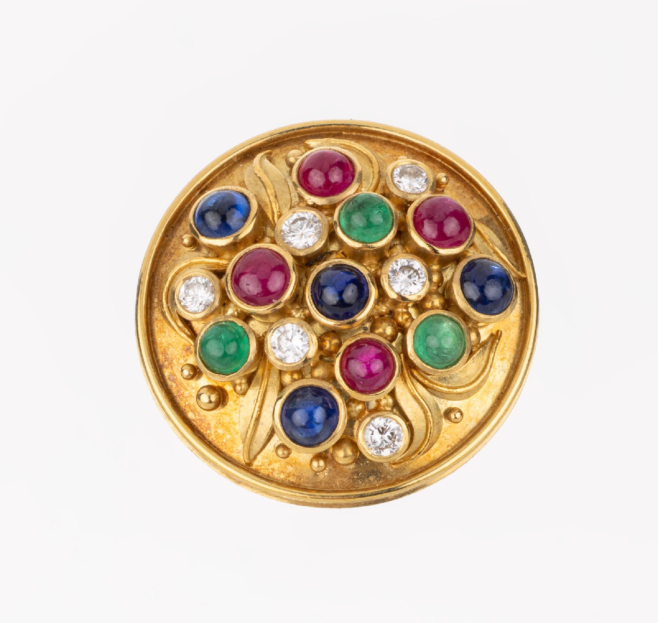 18 kt Gold Farbstein-Brillant-Brosche, GG 750/000, rund mit aufgelegten Blättern, 11 Rubin- Saphir und Smaragd-Cabochons zus. ca. 1.10 ct, 6 ...
