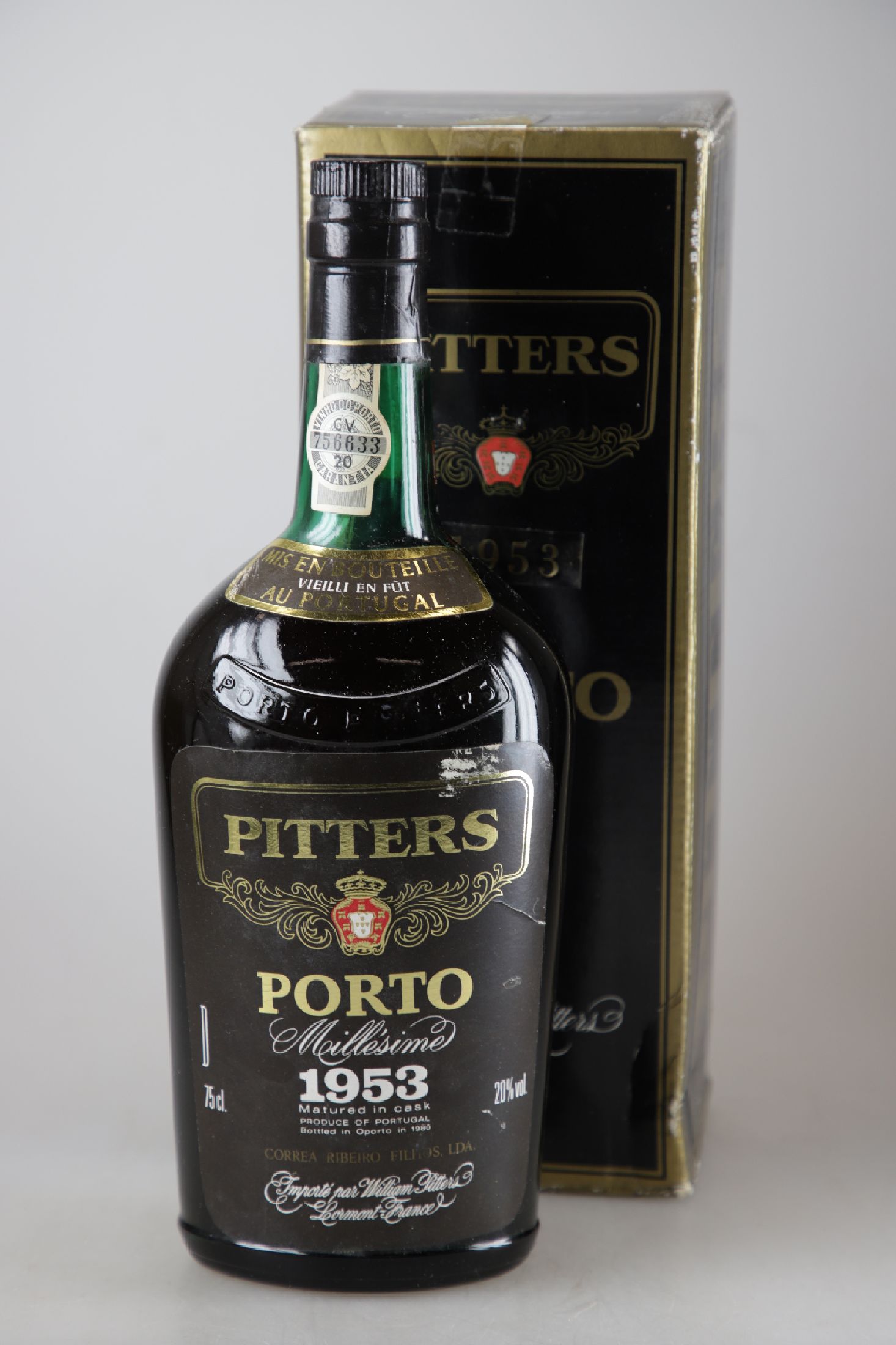 1 Flasche 1953 Pitters Porto Millesime, Portugal, abgefüllt 1980, ca. 75cl, 20% Vol., Füllniveau ca. 4,5 cm, in orig. Karton