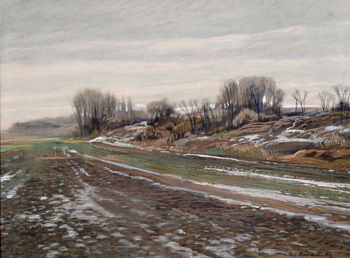 Werner Brand, 1933 Löbau-2021 Hochstadt, Aquarell, winterliche Rheinlandschaft, signiert und datiert 1986, unter Glas gerahmt,45x60 cm