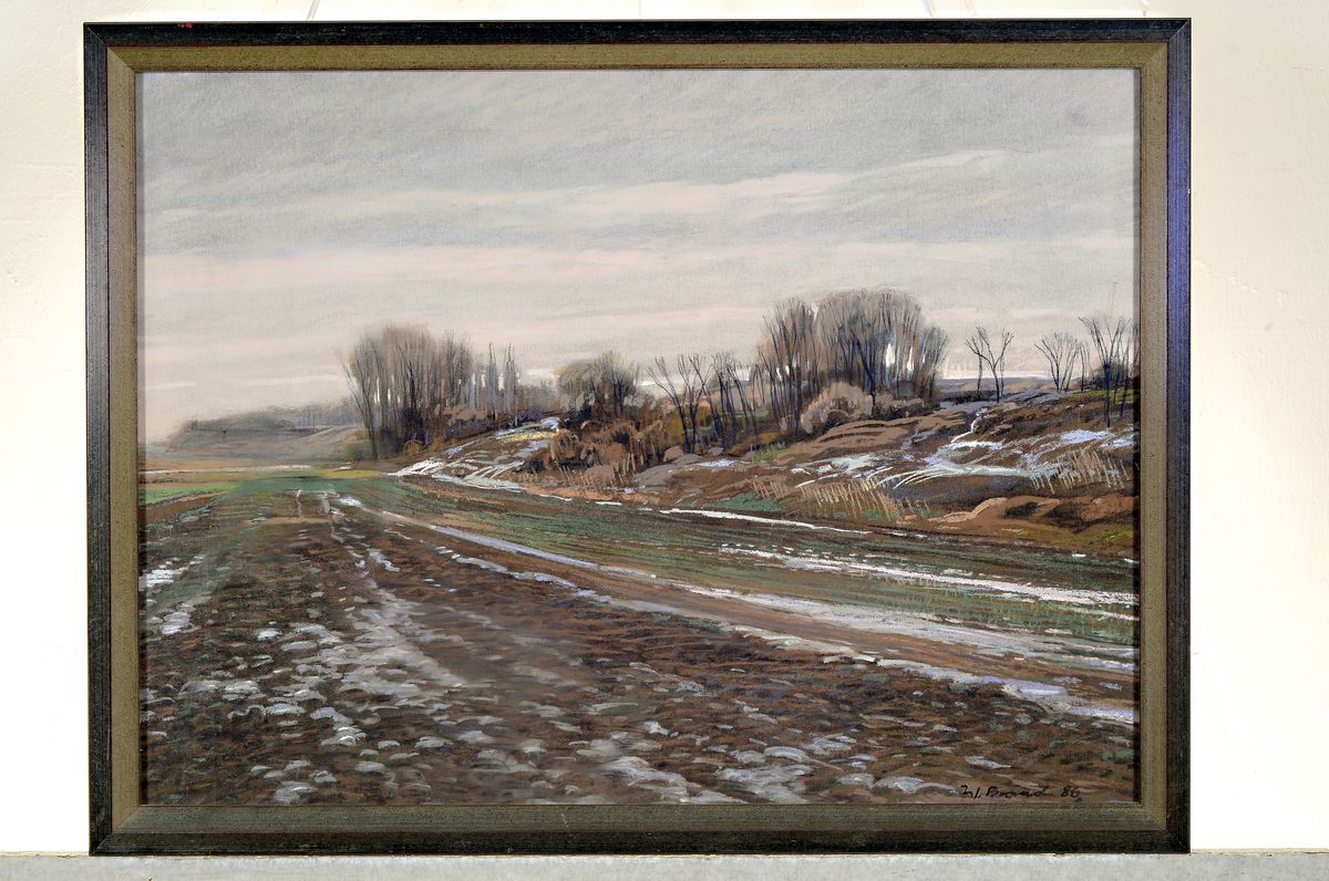 Detail k: Werner Brand, 1933 Löbau-2021 Hochstadt, Aquarell, winterliche Rheinlandschaft, signiert und datiert 1986, unter Glas gerahmt,45x60 cm