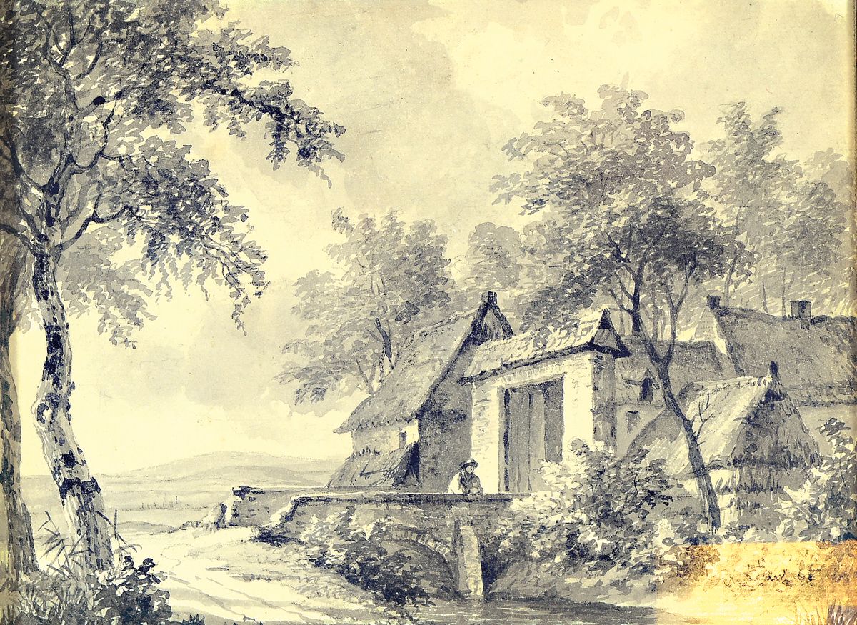 Jan Baptiste de Jonghe, 1785 Kortrijk-1844 Schaerbeek, Zeichnung in schwarzer Tinte, Flaneur auf einer Brücke vor Stadttor, rückseitig signiert ...
