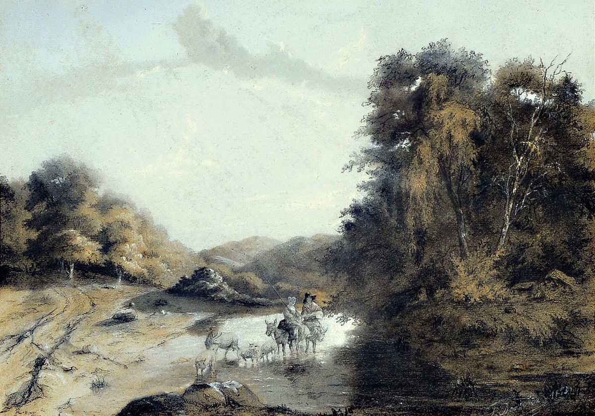 Louis Derickx, 1835-1895 Belgien, Aquarell, pastorale Flusslandschaft mit querendem Hirtenpaar, rechts unten signiert und datiert 1883(?), 31x42cm, ...
