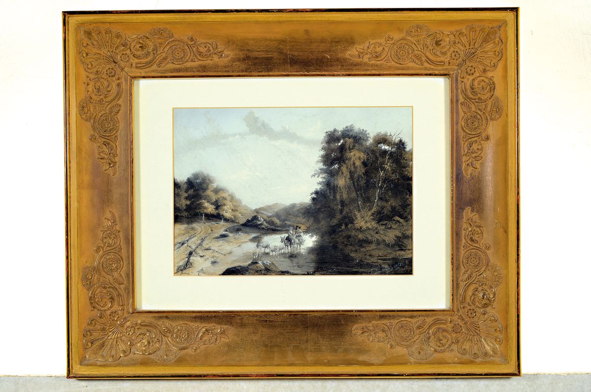 Detail k: Louis Derickx, 1835-1895 Belgien, Aquarell, pastorale Flusslandschaft mit querendem Hirtenpaar, rechts unten signiert und datiert 1883(?), 31x42cm, ...
