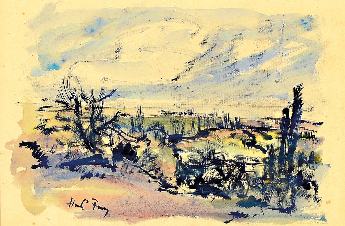 Hanns Fay, 1888 Frankenthal-1957 Neustadt, Aquarell, pfälzer Kulturlandschaft, Bildausschnitt 17x25 cm, unter Glas gerahmt 43x54 cm, l. gebräunt
