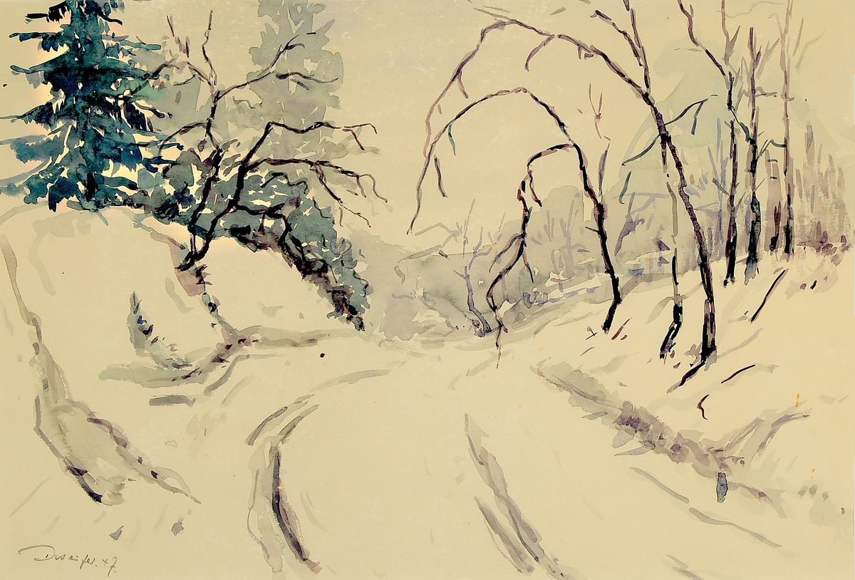 Prof. Walter Dornseifer, 1906-1991, Aquarell, verschneiter Waldweg, links unten signiert und datiert 1947, unter Glas gerahmt 56x66 cm