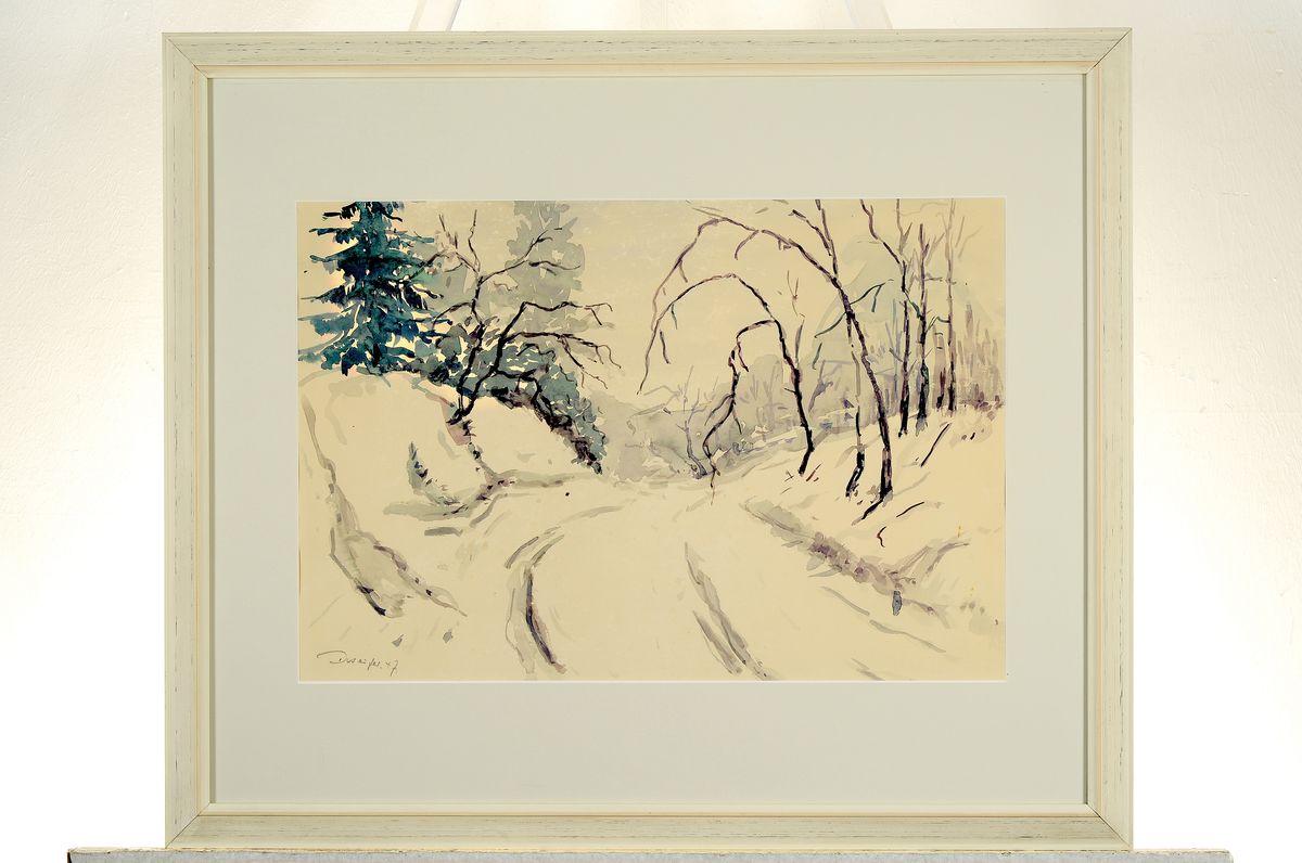 Detail k: Prof. Walter Dornseifer, 1906-1991, Aquarell, verschneiter Waldweg, links unten signiert und datiert 1947, unter Glas gerahmt 56x66 cm