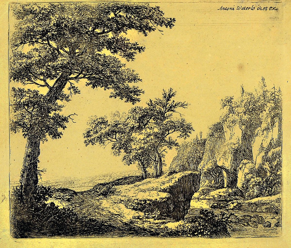 Detail a: Anthonie Waterloo, 1609 Lille o. Utrecht-1690 Utrecht, 2 Radierungen, pastorale Landschaften mit Wanderern auf der Rast, rechts oben im Druck bez. ...