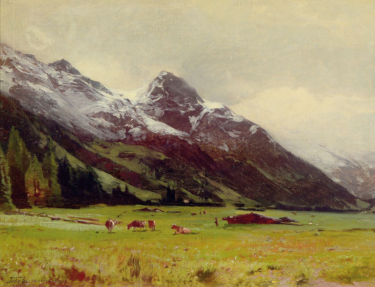Friedrich Zimmermann, 1823 Dissenhofen - 1884 , Schweizer Maler, Öl/Malkarton, signiert, hochalpine Landschaft mit Kühen, 32 x 40 cm, orig. Rahmen ...