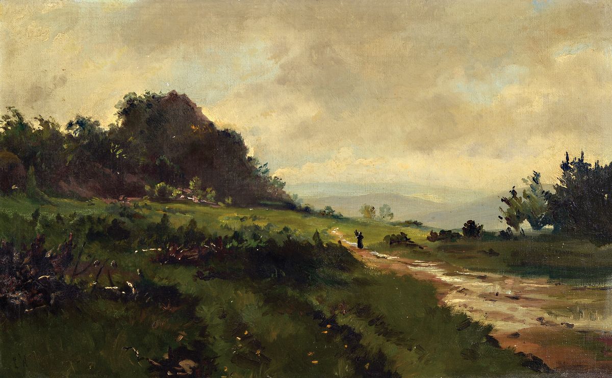 Ludwig Willroider, 1845 Villach - 1910 Berndried, süddeutsche Landschaft Spaziergänger, Öl/Platte, links unten monogrammiert, 32 x 50 cm, Rahmen ...