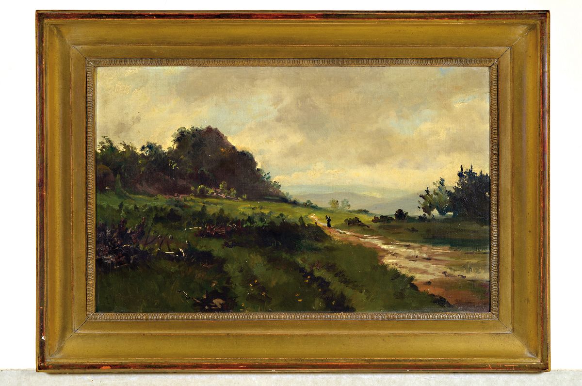 Detail k: Ludwig Willroider, 1845 Villach - 1910 Berndried, süddeutsche Landschaft Spaziergänger, Öl/Platte, links unten monogrammiert, 32 x 50 cm, Rahmen ...