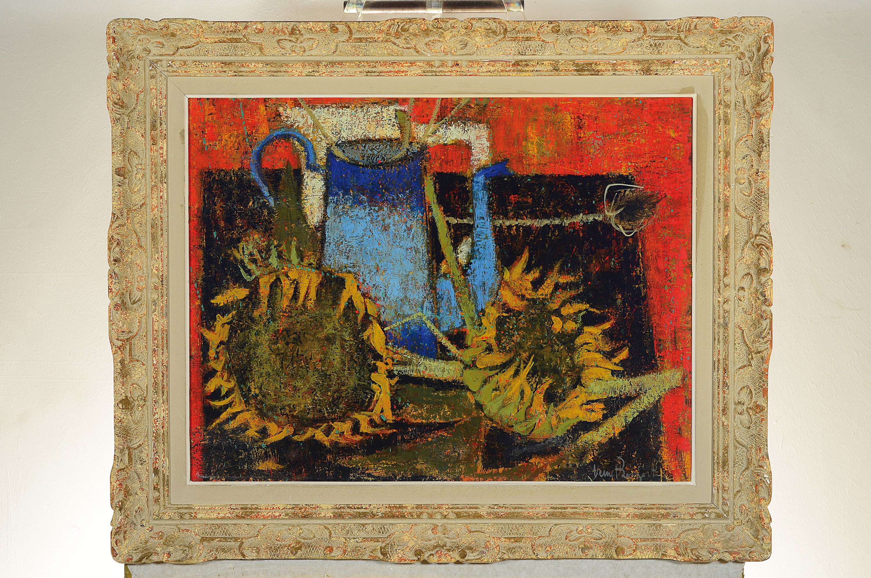 Detail k: Robert Vernet Bonfort, geb. 1934, französischer Maler, Stillleben mit Sonnenblumen, Öl/Lwd, signiert auf der Rückseite und re. unten, ca. 50 x, 64 ...
