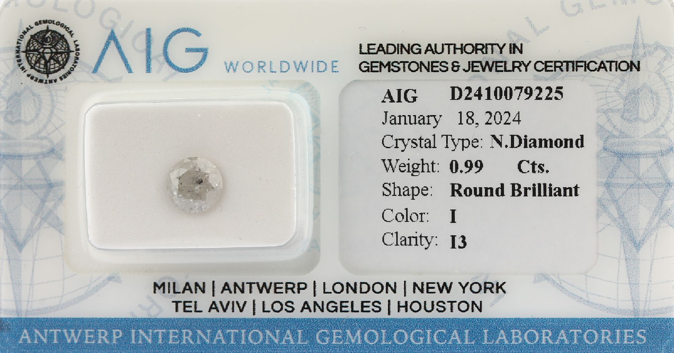 Loser Brillant, 0.99 ct l.get.Weiß(I)/p3, eingeschweißt, mit AIG-Expertise