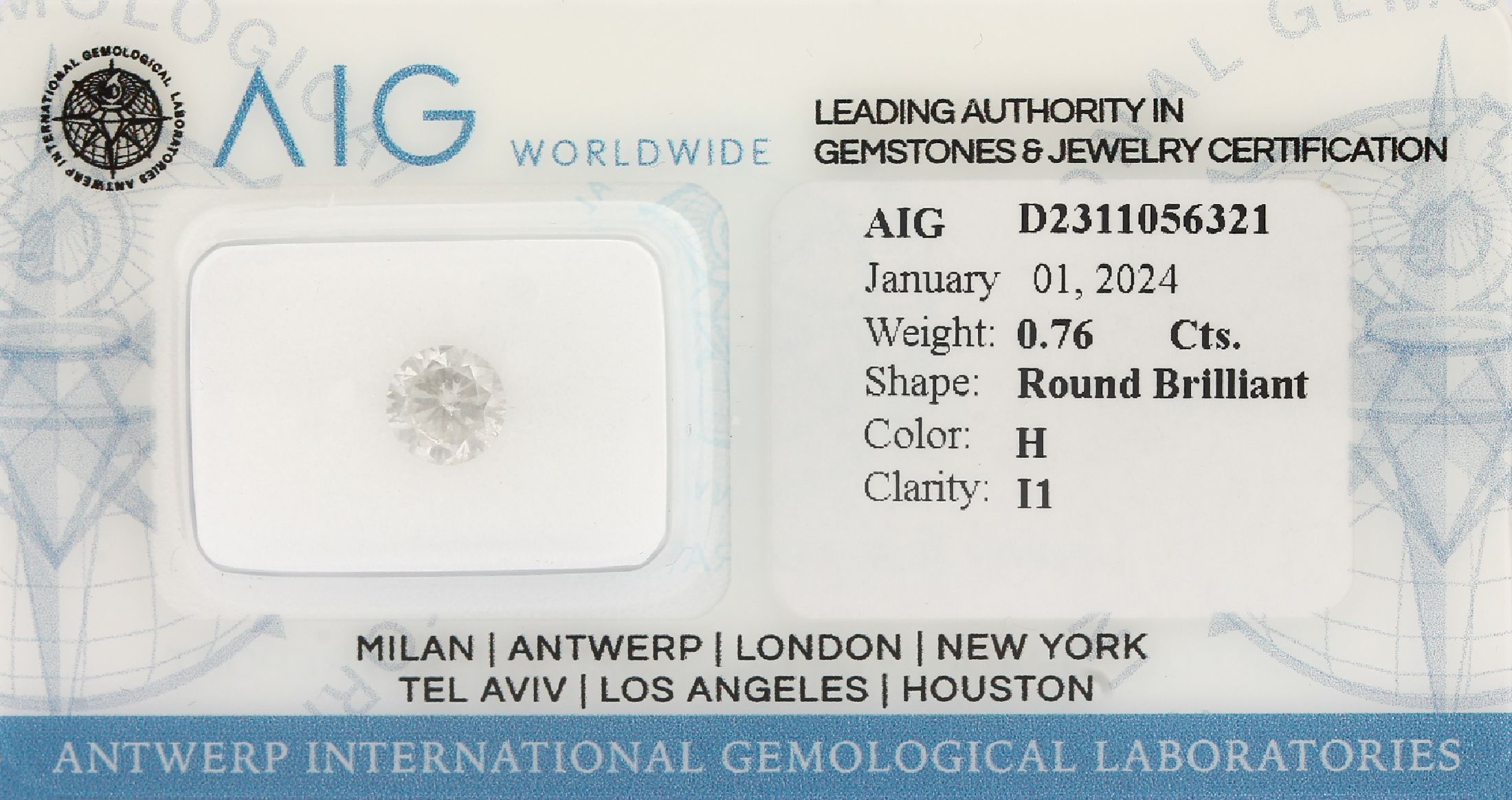 Loser Brillant, 0.76 ct Weiß(H)/p1, eingeschweißt, mit AIG-Expertise