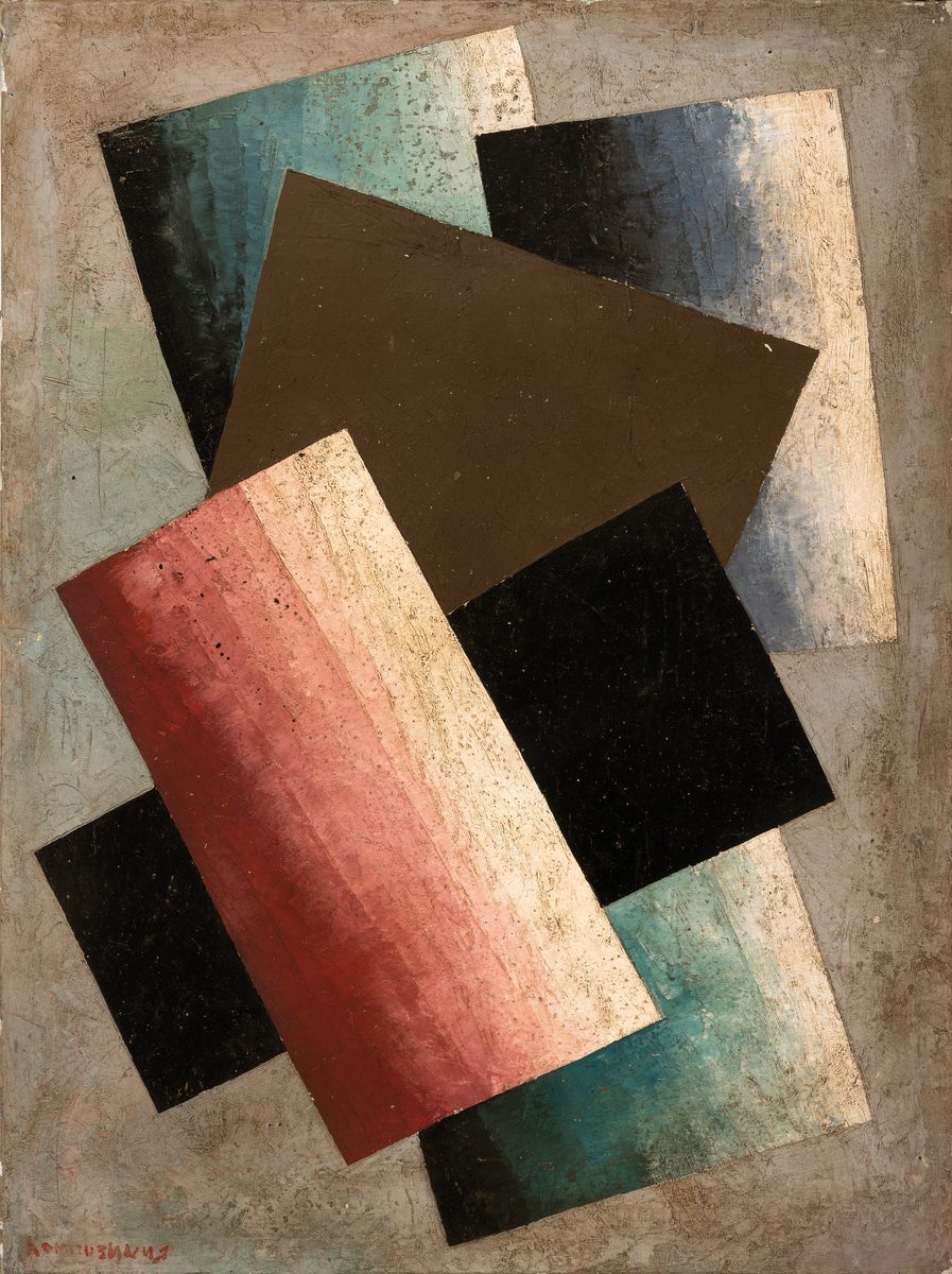 wohl russischer Avantgardist, kyrillische bezeichnet, Komposition mit Rechtecken, Öl/Lwd, Umkreis Alexander Wesnin (1883 - 1959), leichte ...