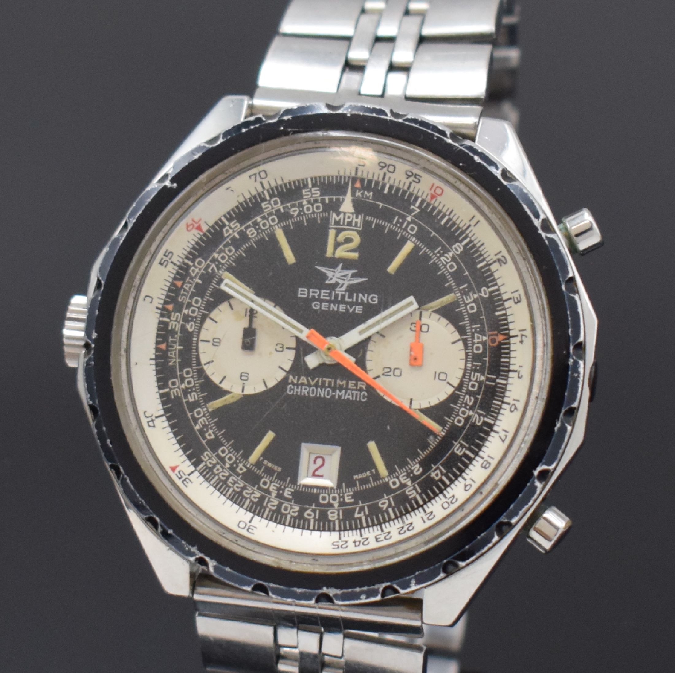 Detail a: BREITLING Armbandchronograph Navitimer Chrono-Matic Referenz 1806, Automatik, Schweiz um 1970, verschr. Stahlgeh. inkl. orig. Stahlband m. Faltschl., ...