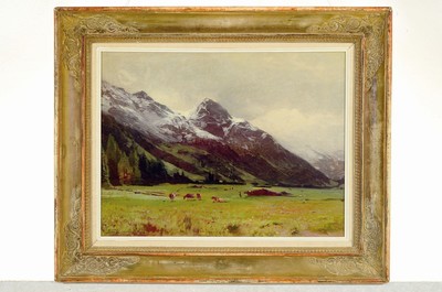 26733145k - Friedrich Zimmermann, 1823 Dissenhofen - 1884,Swiss painter, oil/painting cardboard, signed,high alpine landscape with cows, 32 x 40 cm, orig. frame, early 19th century, 43.5 x 53 cm