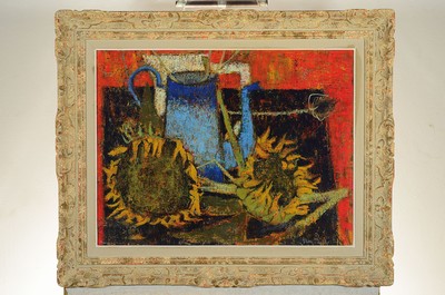 26733148k - Robert Vernet Bonfort, born 1934, French painter, still life with sunflowers, oil/canvas, signed on the back and right. below, approx. 50 x, 64 cm, frame approx. 68x83cm