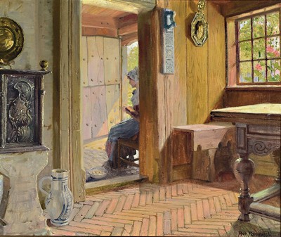 Image 26733206 - Robert Panitzsch, 1879 Fürstenberg-1949 Copenhagen, Studies at the academy Berlin, sun-filled interior with reading woman, characterization of the historicist furnishings such as the baroque farm table, faience jug and the pipe cabinet dated 1766, signed lower right, oil/canvas, 51x61 cm, frame 64x74 cm