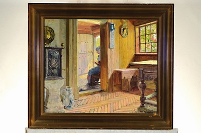 26733206k - Robert Panitzsch, 1879 Fürstenberg-1949 Copenhagen, Studies at the academy Berlin, sun-filled interior with reading woman, characterization of the historicist furnishings such as the baroque farm table, faience jug and the pipe cabinet dated 1766, signed lower right, oil/canvas, 51x61 cm, frame 64x74 cm