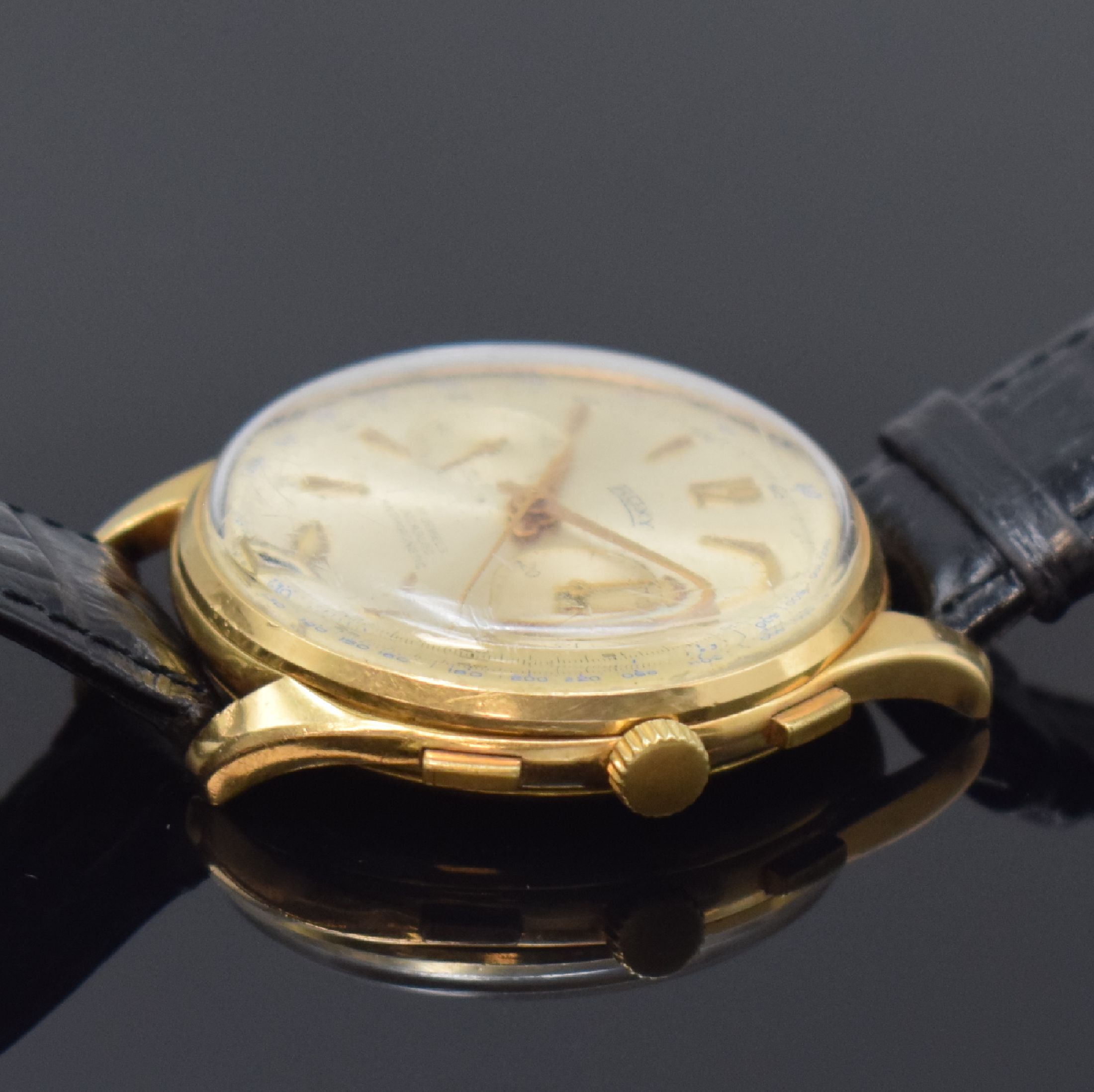 Detail b: ROXY Herrenchronograph in RG 750/000 mit Datum, Schweiz um 1960, Handaufzug, Boden u. Glasrand aufgedr., silb. Zifferbl. pat./fl., gold. Std.-Ind., ...