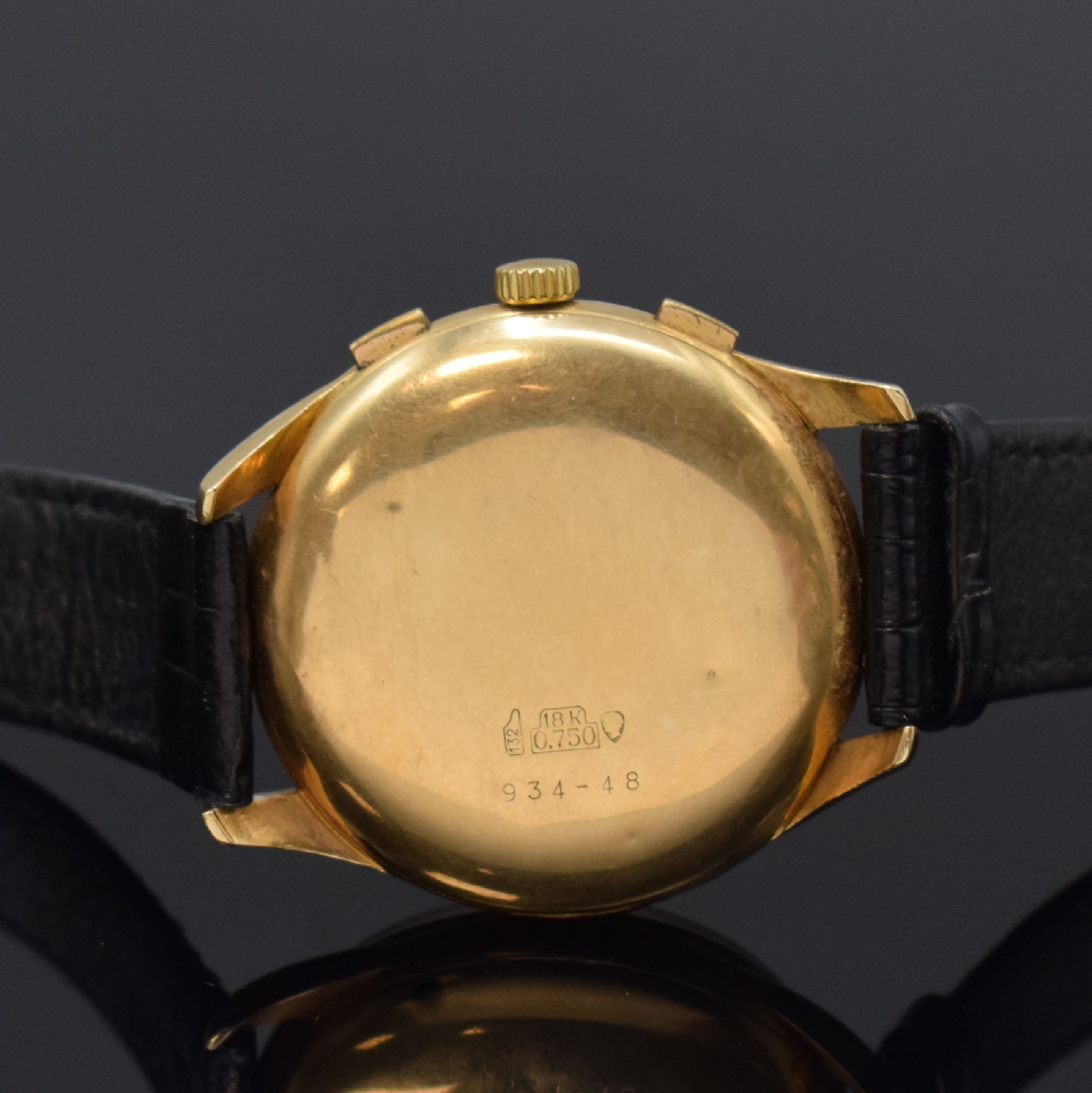 Detail c: ROXY Herrenchronograph in RG 750/000 mit Datum, Schweiz um 1960, Handaufzug, Boden u. Glasrand aufgedr., silb. Zifferbl. pat./fl., gold. Std.-Ind., ...