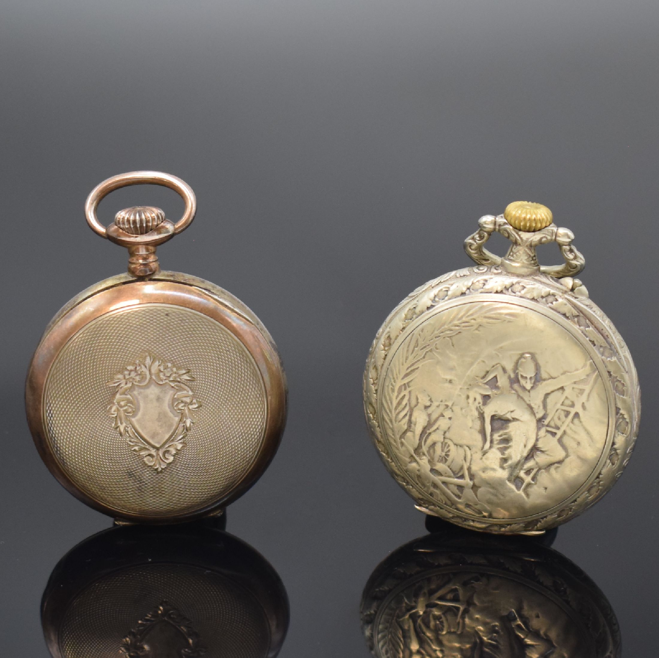 Detail c: HEBDOMAS 2 8-Tage-Taschenuhren, Schweiz um 1910, 1x vers. Geh. floral grav., 1x 800er Silbergeh. dell. u. angel., 3/4- Emailzifferblätter, 1x rote ...