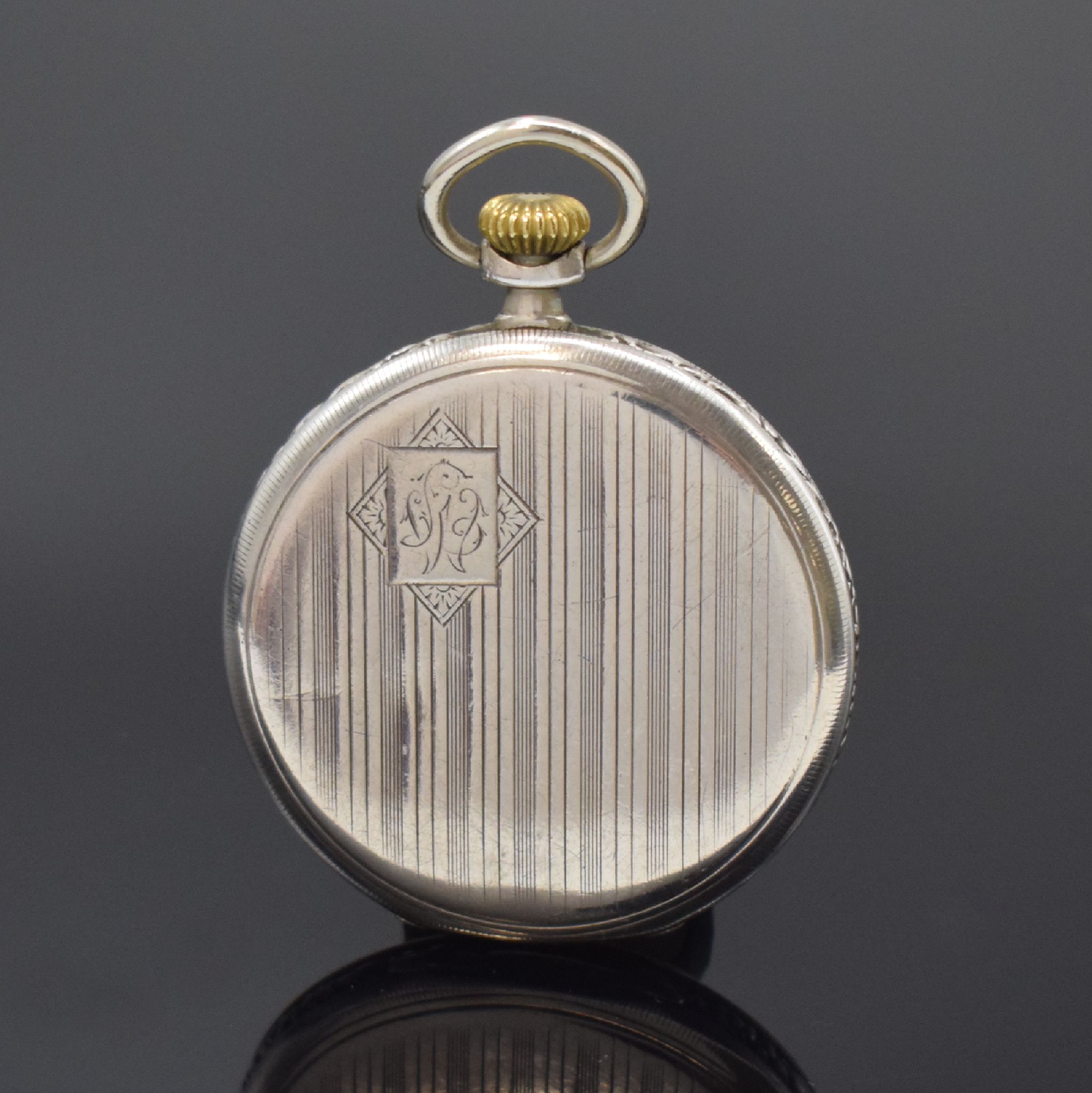 Detail a: ZENITH offene Taschenuhr in Silber, Schweiz um 1900, teils floral grav. Geh. dell., Rückdeckel m. Strahlendekor u. Monogramm, vers. Zifferbl. ...