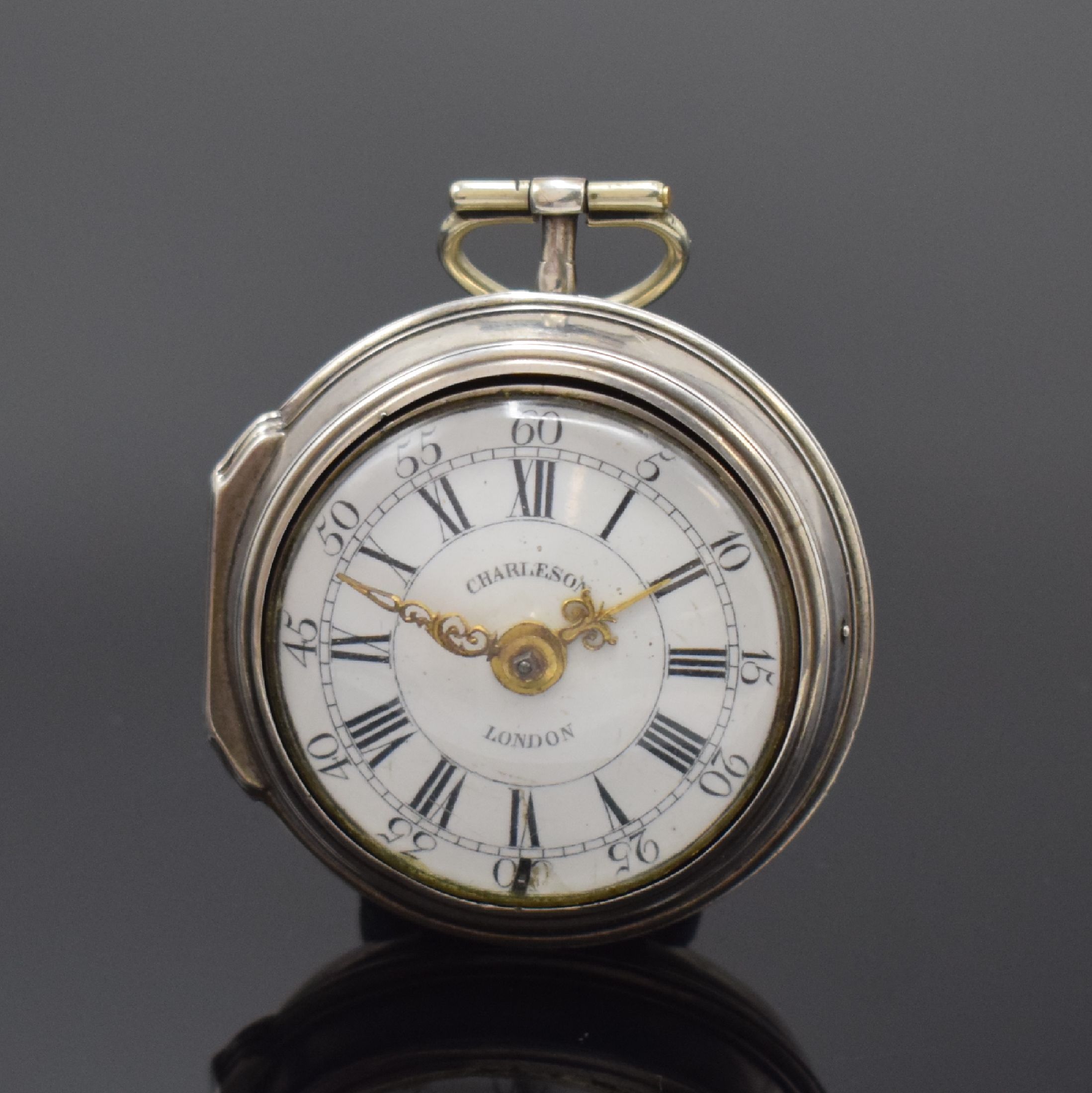 CHARLESON London Spindeltaschenuhr in Silber, London Hallmark 1765, glattes Geh. u. Übergeh. dell., Drücker zu ers., großes Außenscharnier, ...