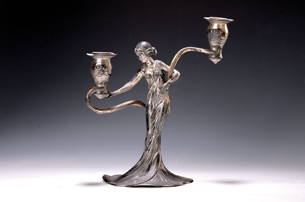 Jugendstilleuchter/Figurenleuchter, WMF, num. 269 A, um 1900, Metall versilbert, berieben bzw. Altersspuren, ca. 26.5 x 23 cm
