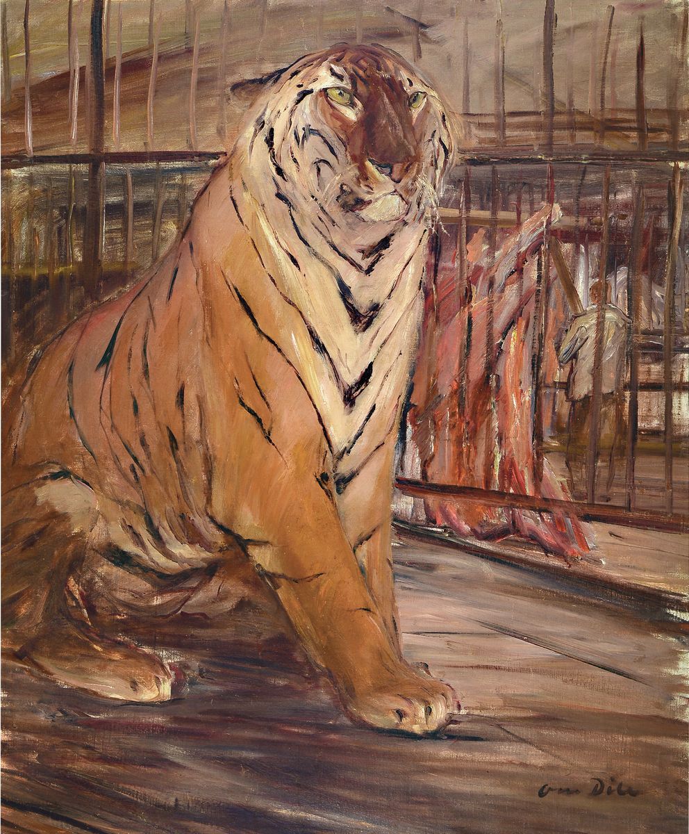 Otto Dill, 1884 Neustadt/Wstr. - 1957 Bad Dürkheim, "Tiger im Zoo", wohl um 1920, rechts unten signiert, Öl/Lwd, Lwd rückseitig ...