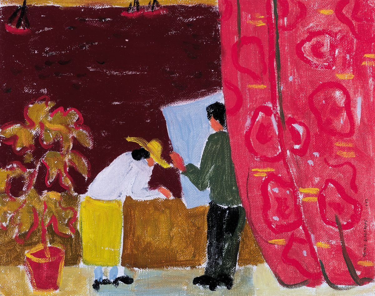 Heimo Schöllkopf, 1888 - 1982, "Auf dem Balkon am Meer", Öl/Platte, 1952, signiert und datiert, 23 x 28.5 cm