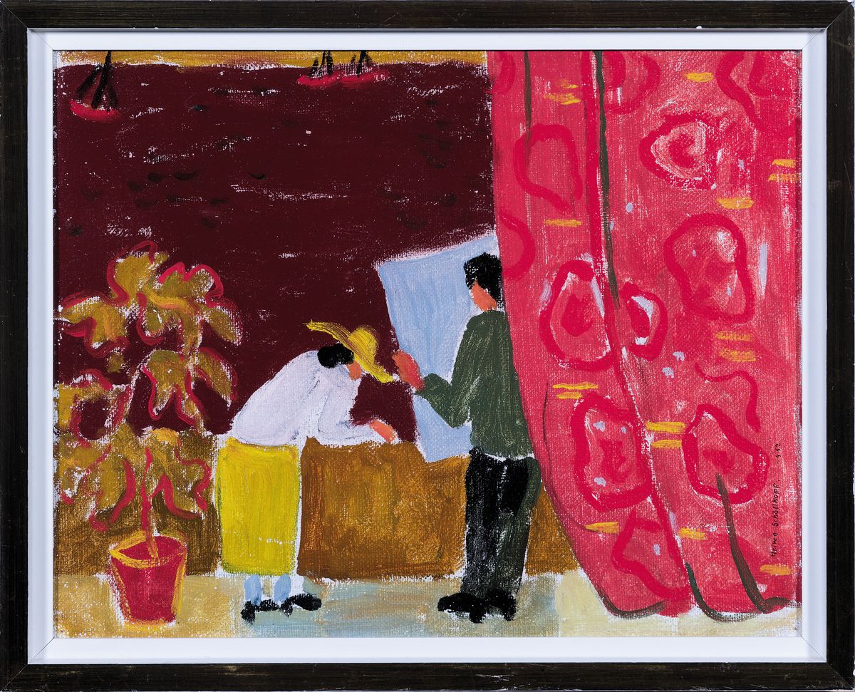 Detail k: Heimo Schöllkopf, 1888 - 1982, "Auf dem Balkon am Meer", Öl/Platte, 1952, signiert und datiert, 23 x 28.5 cm