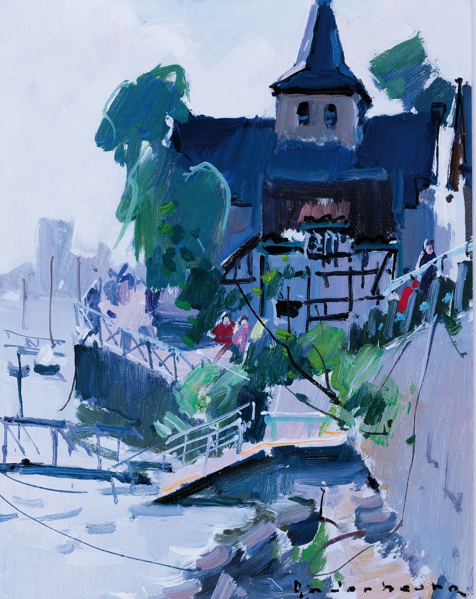 Paul Anderbouhr, Paris 1909 - 2006 Casablanca,"Am Rhein", Öl/Platte um 1974, re. u. signiert, ca. 31.5 x 25.5 cm, Rahmen ca. 37.5 x 31 cm