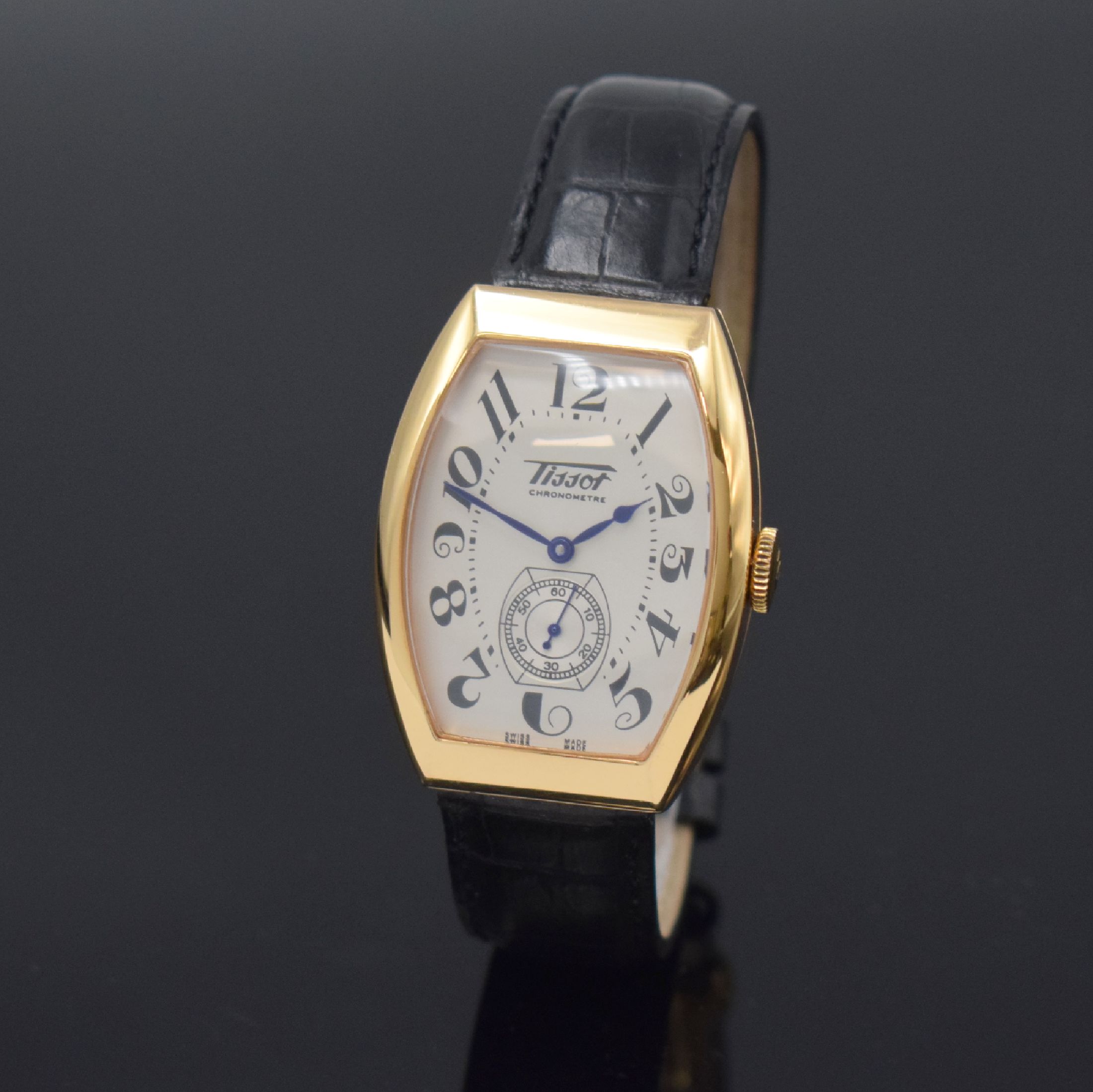 TISSOT auf 666 Stück limitierte Herrenarmbanduhr Porto in RG 750/000, Schweiz um 2000, Handaufzug, Boden 8-fach verschr., orig. Lederband m. orig. ...