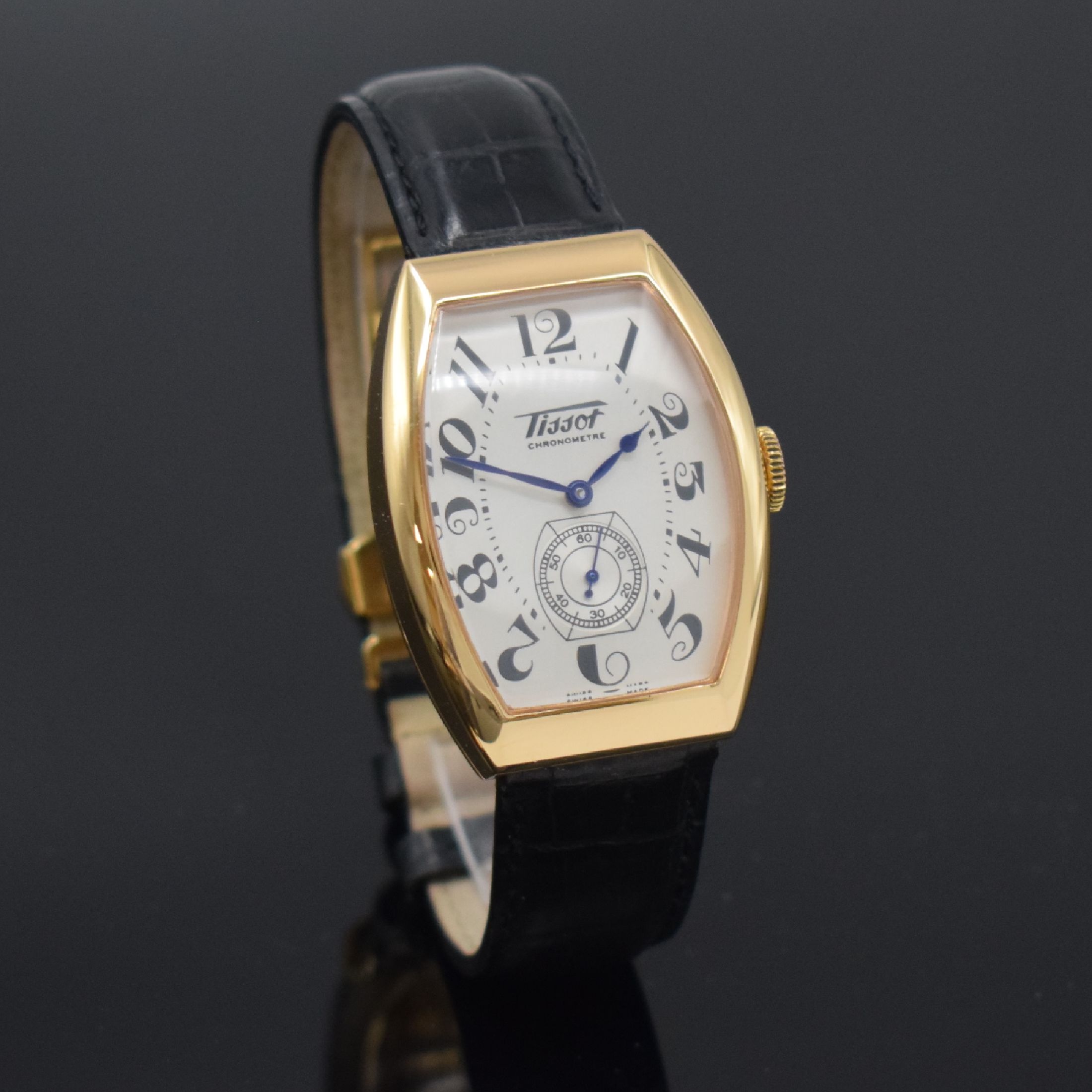 Detail b: TISSOT auf 666 Stück limitierte Herrenarmbanduhr Porto in RG 750/000, Schweiz um 2000, Handaufzug, Boden 8-fach verschr., orig. Lederband m. orig. ...