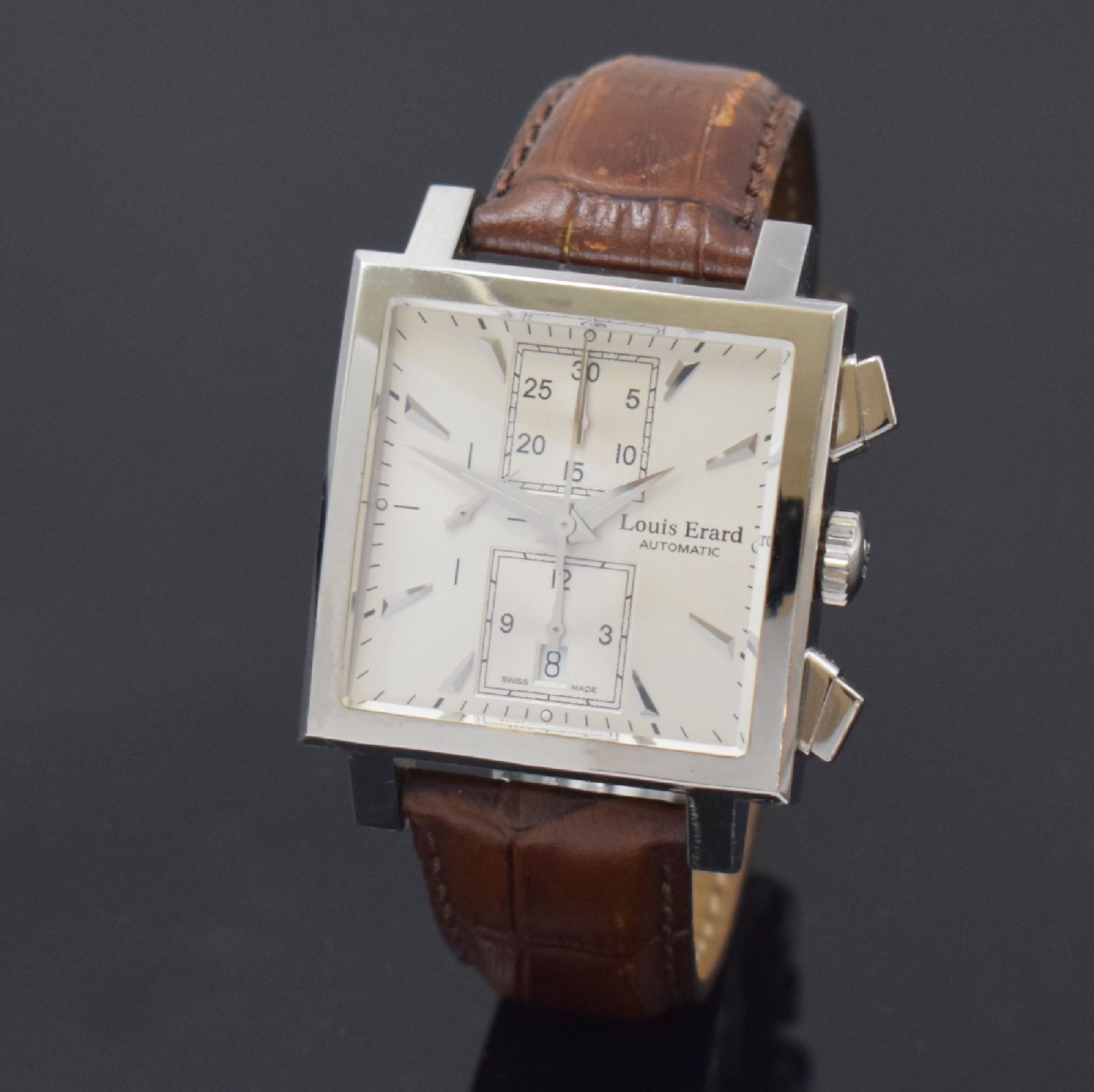 LOUIS ERARD Armbandchronograph La Karree, Automatik, Schweiz um 2005, Edelstahlgeh. inkl. Lederband m. Dornschl., Boden 4-fach verschr., Saphirgl., ...