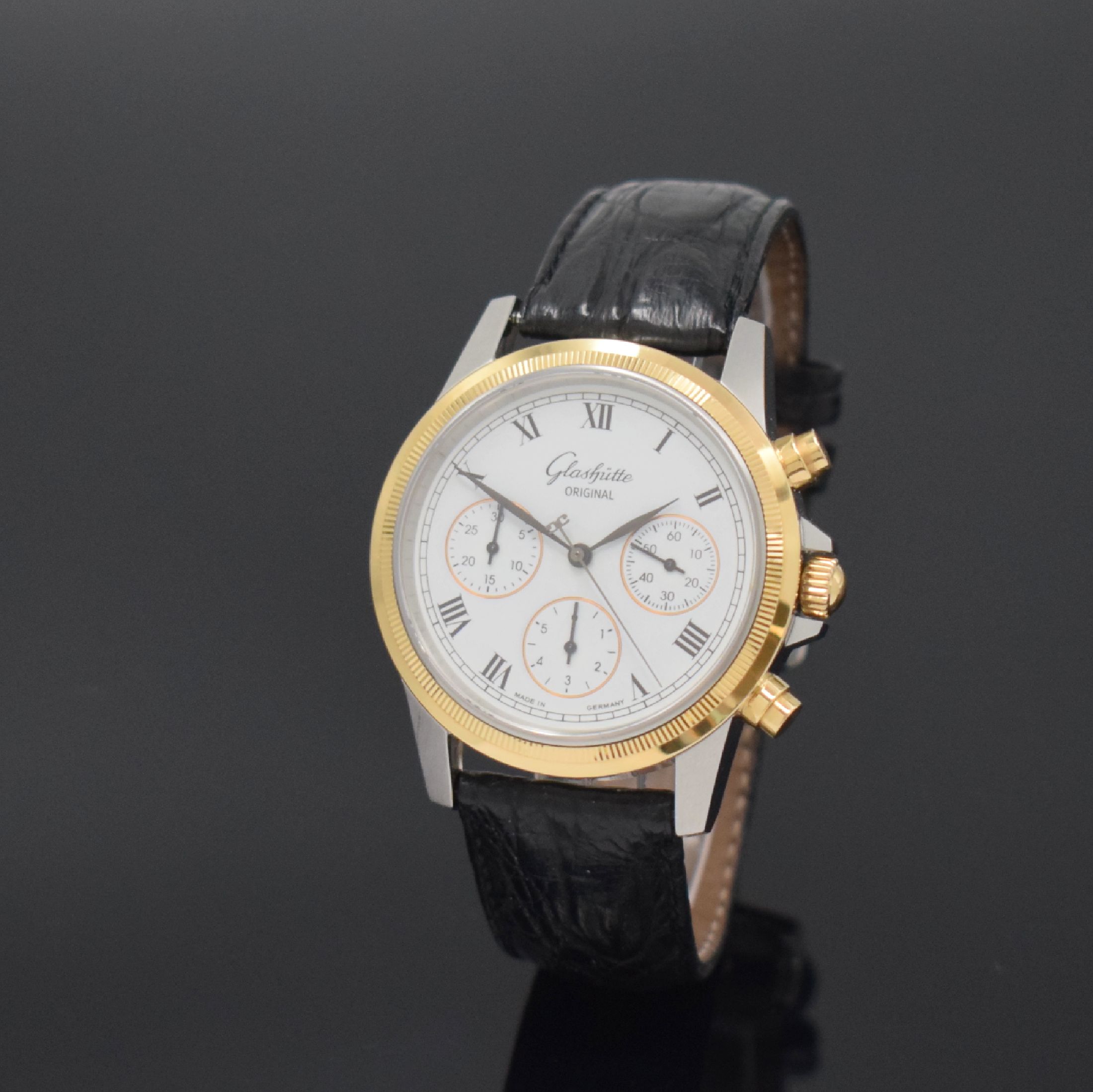 GLASHÜTTE ORIGINAL Herrenarmbanduhr mit Chronograph in Stahl/Gold, Deutschland um 1996, Automatik, beids. vergl. Geh., Boden 6- fach verschr., ...