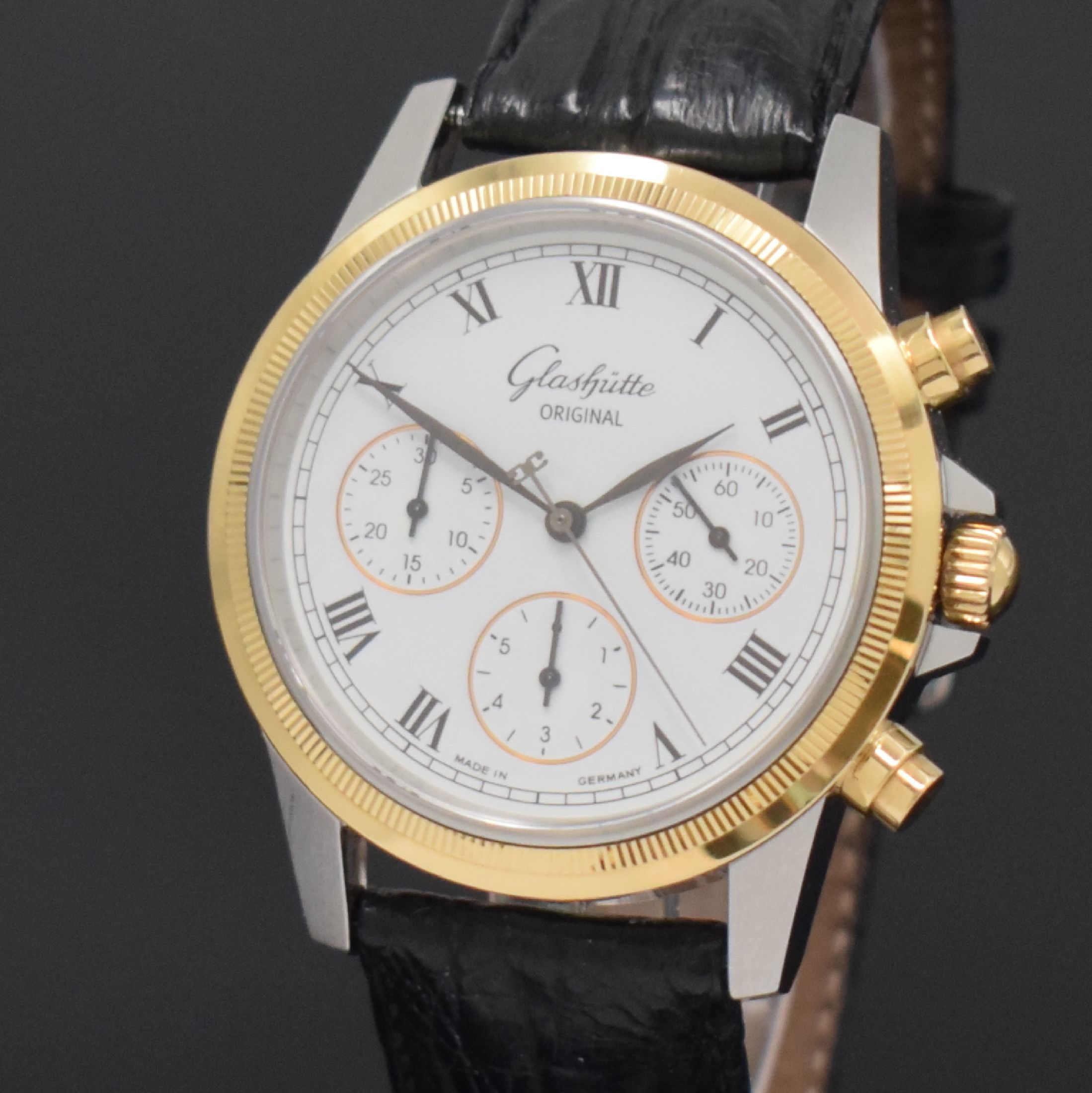 Detail a: GLASHÜTTE ORIGINAL Herrenarmbanduhr mit Chronograph in Stahl/Gold, Deutschland um 1996, Automatik, beids. vergl. Geh., Boden 6- fach verschr., ...